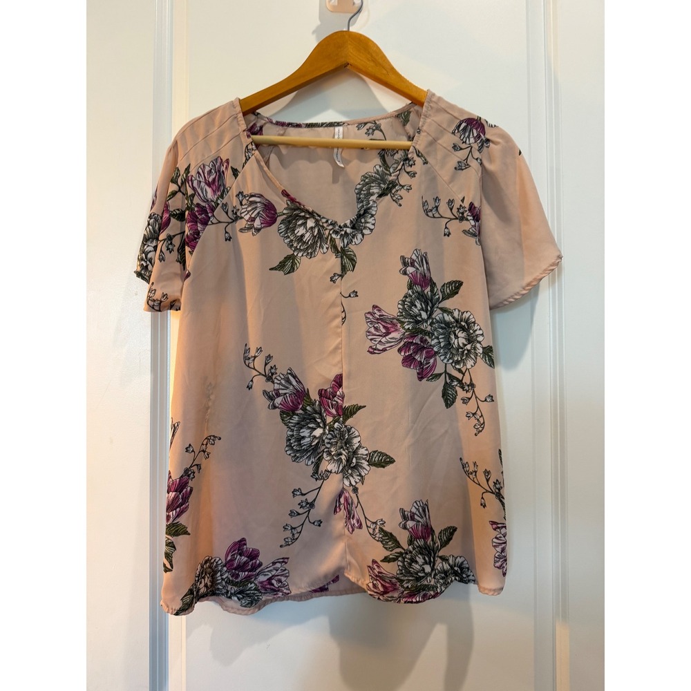 Grayson Threads Womens Medium Floral V-Neck Flutter Sleeve Blouse Pink Purple